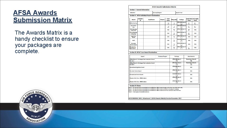 AFSA Awards Submission Matrix The Awards Matrix is a handy checklist to ensure your