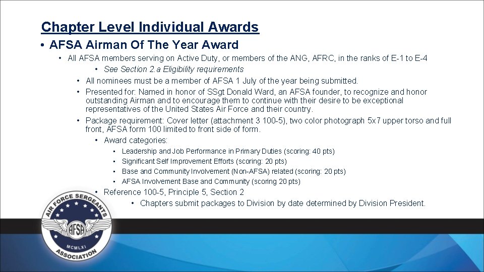 Chapter Level Individual Awards • AFSA Airman Of The Year Award • All AFSA