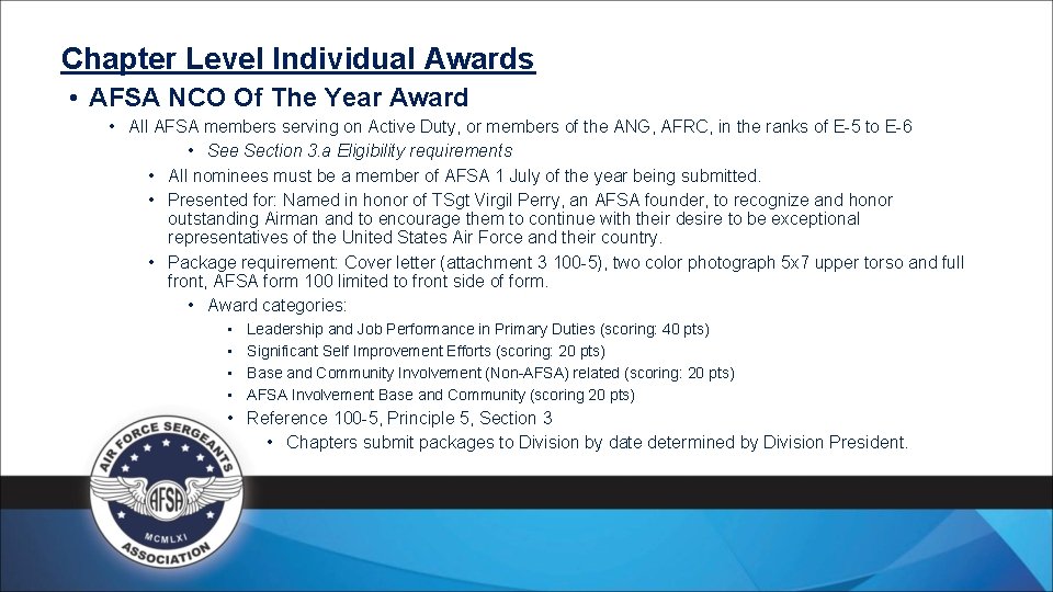Chapter Level Individual Awards • AFSA NCO Of The Year Award • All AFSA