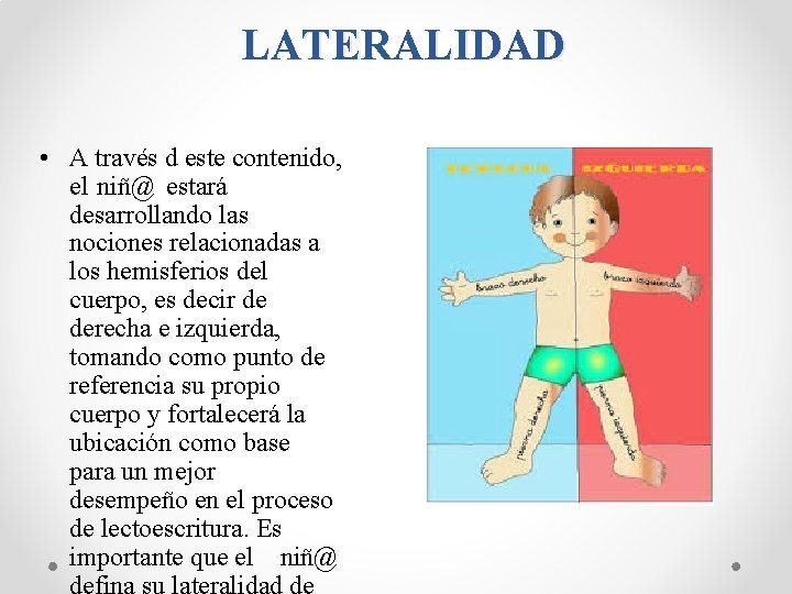 LATERALIDAD • A través d este contenido, el niñ@ estará desarrollando las nociones relacionadas