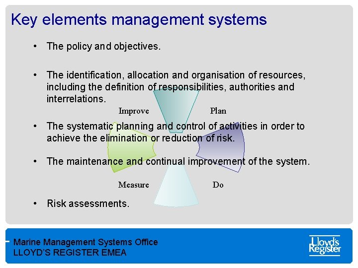 Key elements management systems • The policy and objectives. • The identification, allocation and