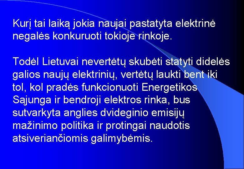 Kurį tai laiką jokia naujai pastatyta elektrinė negalės konkuruoti tokioje rinkoje. Todėl Lietuvai nevertėtų