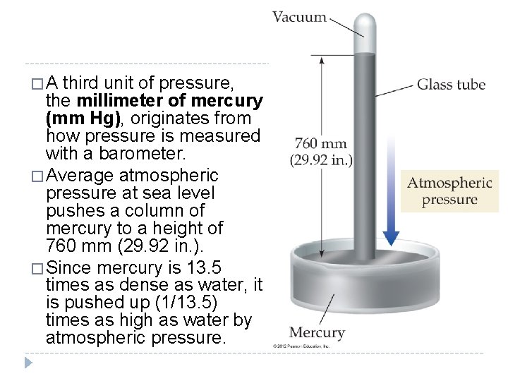 �A third unit of pressure, the millimeter of mercury (mm Hg), originates from how
