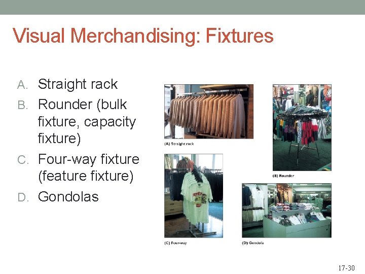 Visual Merchandising: Fixtures A. Straight rack B. Rounder (bulk fixture, capacity fixture) C. Four-way