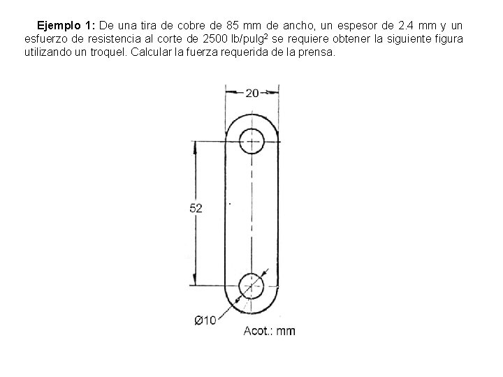 Ejemplo 1: De una tira de cobre de 85 mm de ancho, un espesor