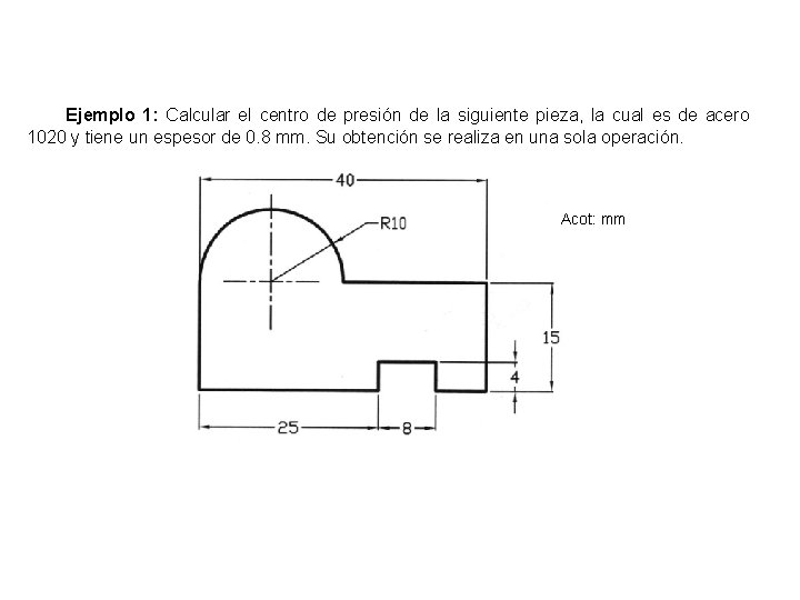 Ejemplo 1: Calcular el centro de presión de la siguiente pieza, la cual es