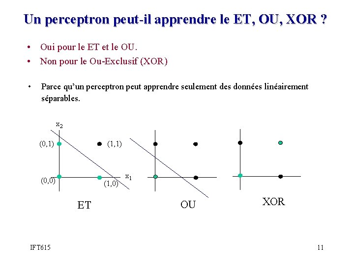 Un perceptron peut-il apprendre le ET, OU, XOR ? • Oui pour le ET