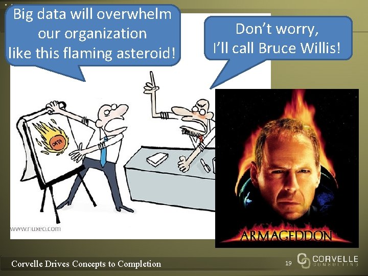 Big data will overwhelm our organization like this flaming asteroid! Corvelle Drives Concepts to Big data will overwhelm our organization like this flaming asteroid! Corvelle Drives Concepts to