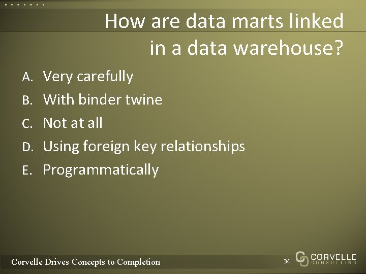 How are data marts linked in a data warehouse? A. Very carefully B. With How are data marts linked in a data warehouse? A. Very carefully B. With