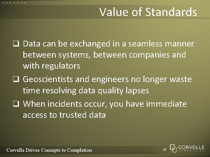 Value of Standards q Data can be exchanged in a seamless manner between systems, Value of Standards q Data can be exchanged in a seamless manner between systems,