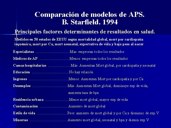 Comparación de modelos de APS. B. Starfield. 1994 Principales factores determinantes de resultados en