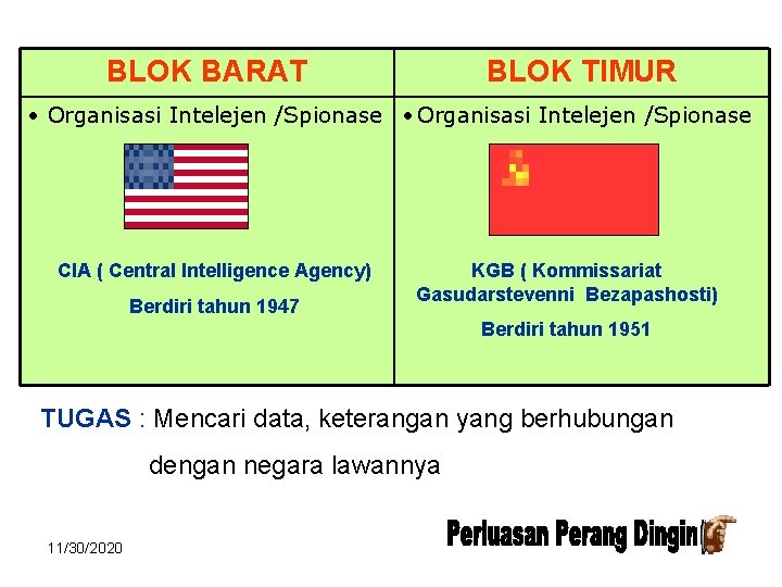 BLOK BARAT BLOK TIMUR • Organisasi Intelejen /Spionase CIA ( Central Intelligence Agency) Berdiri BLOK BARAT BLOK TIMUR • Organisasi Intelejen /Spionase CIA ( Central Intelligence Agency) Berdiri