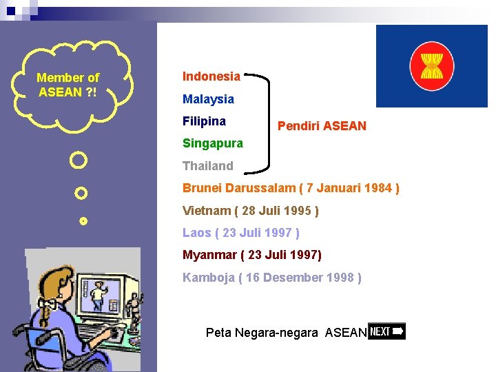 Member of ASEAN ? ! Indonesia Malaysia Filipina Pendiri ASEAN Singapura Thailand Brunei Darussalam Member of ASEAN ? ! Indonesia Malaysia Filipina Pendiri ASEAN Singapura Thailand Brunei Darussalam