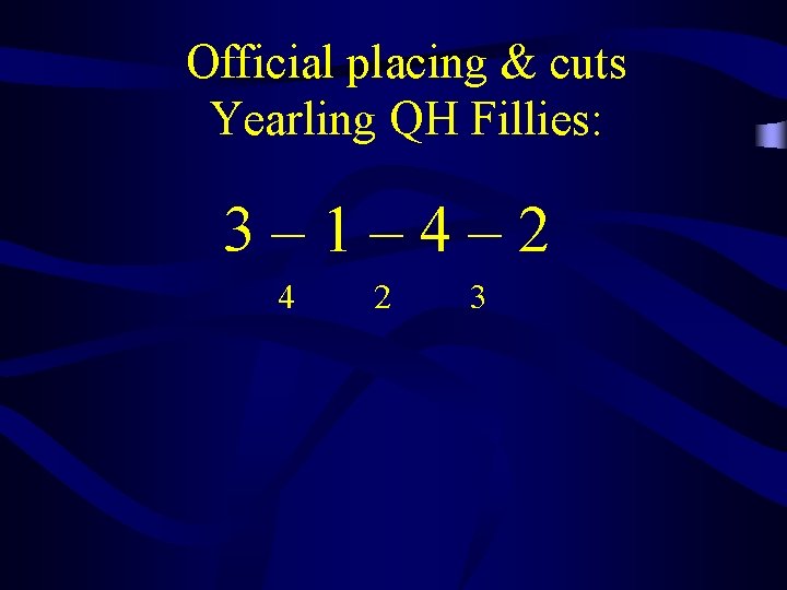 Official placing & cuts Yearling QH Fillies: 3– 1– 4– 2 4 2 3