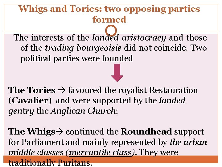 Whigs and Tories: two opposing parties formed The interests of the landed aristocracy and Whigs and Tories: two opposing parties formed The interests of the landed aristocracy and