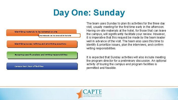 Day One: Sunday Identifying materials to be reviewed on site Some materials can be