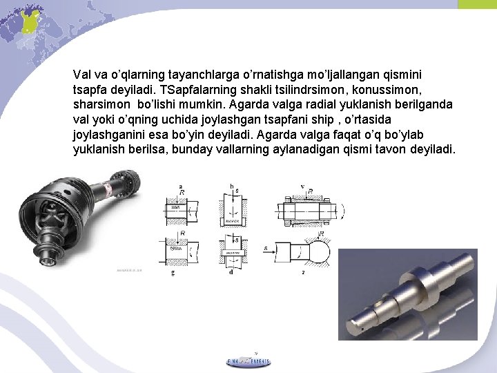 Val va o’qlarning tayanchlarga o’rnatishga mo’ljallangan qismini tsapfa deyiladi. TSapfalarning shakli tsilindrsimon, konussimon, sharsimon