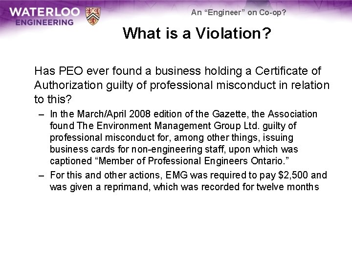 An “Engineer” on Co-op? What is a Violation? Has PEO ever found a business