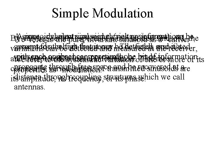 Simple Modulation pure, sinusoid no information AAsinusoidal electrical signal can be By varying aspects