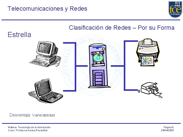 Telecomunicaciones y Redes Estrella Clasificación de Redes – Por su Forma Desventaja: Vulnerabilidad Materia: