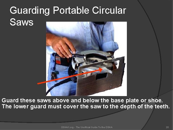 Guarding Portable Circular Saws Guard these saws above and below the base plate or
