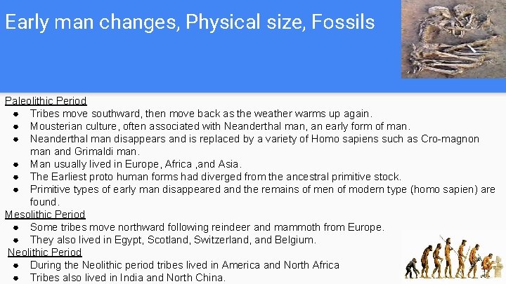 Early man changes, Physical size, Fossils Paleolithic Period ● Tribes move southward, then move