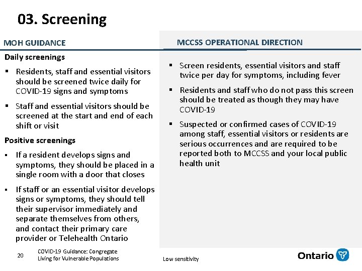 03. Screening MOH GUIDANCE Daily screenings § Residents, staff and essential visitors should be