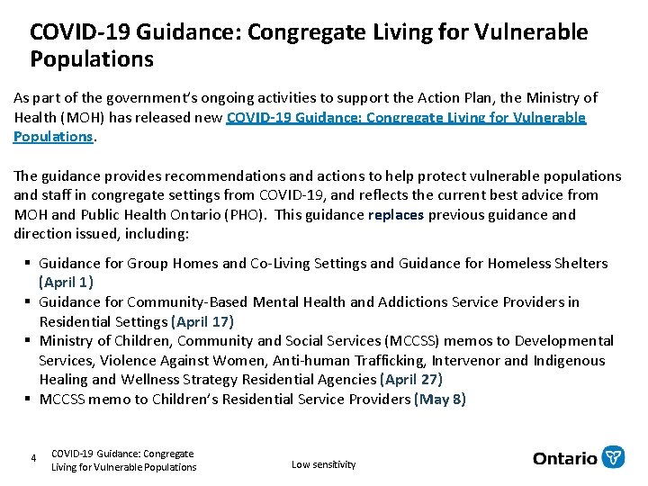 COVID-19 Guidance: Congregate Living for Vulnerable Populations As part of the government’s ongoing activities COVID-19 Guidance: Congregate Living for Vulnerable Populations As part of the government’s ongoing activities