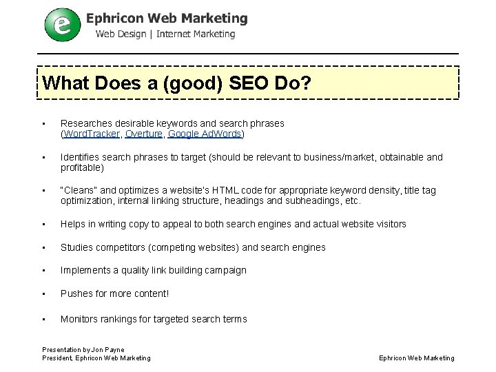 What Does a (good) SEO Do? • Researches desirable keywords and search phrases (Word.
