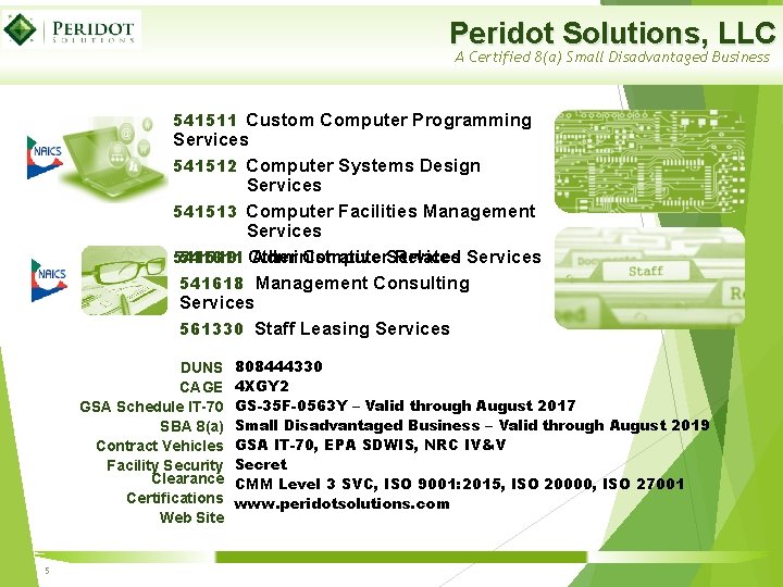 Peridot Solutions, LLC A Certified 8(a) Small Disadvantaged Business 541511 Custom Computer Programming Services Peridot Solutions, LLC A Certified 8(a) Small Disadvantaged Business 541511 Custom Computer Programming Services