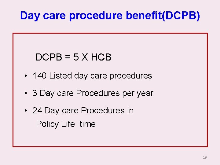 Day care procedure benefit(DCPB) DCPB = 5 X HCB • 140 Listed day care