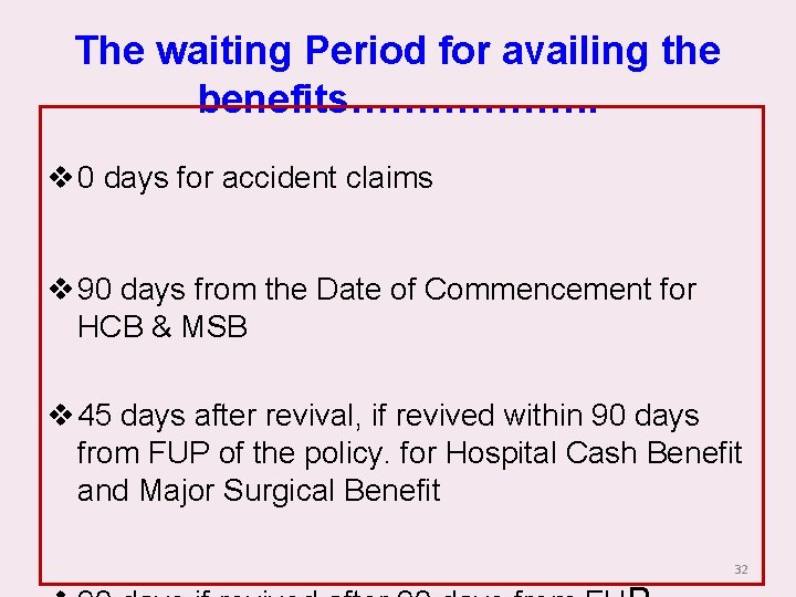 The waiting Period for availing the benefits………………. v 0 days for accident claims v