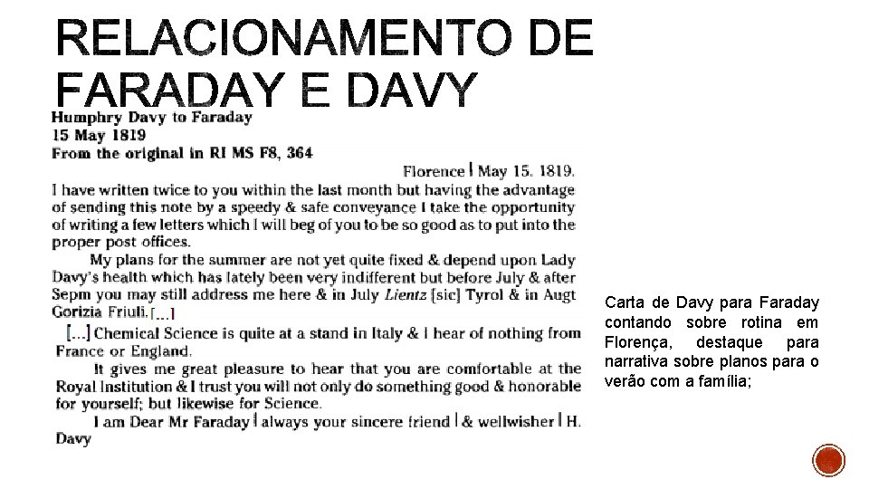 Carta de Davy para Faraday contando sobre rotina em Florença, destaque para narrativa sobre