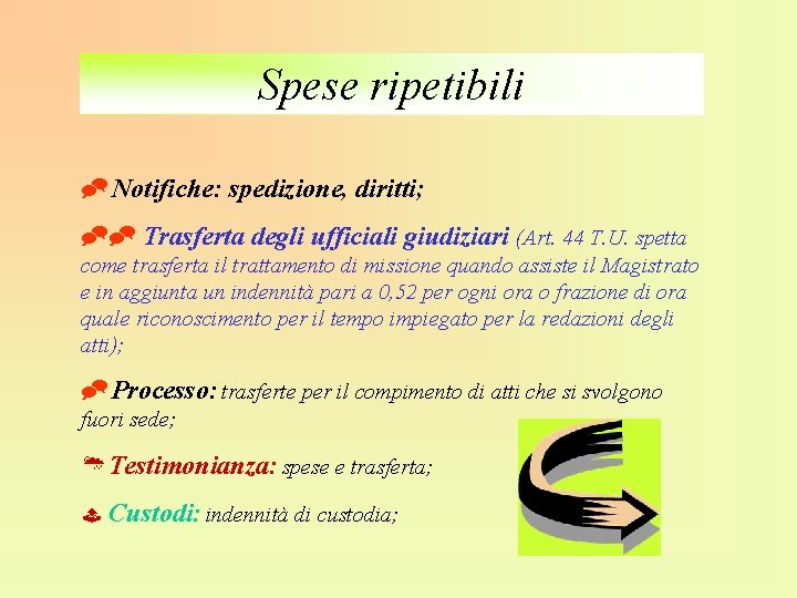 Spese ripetibili Notifiche: spedizione, diritti; Trasferta degli ufficiali giudiziari (Art. 44 T. U. spetta