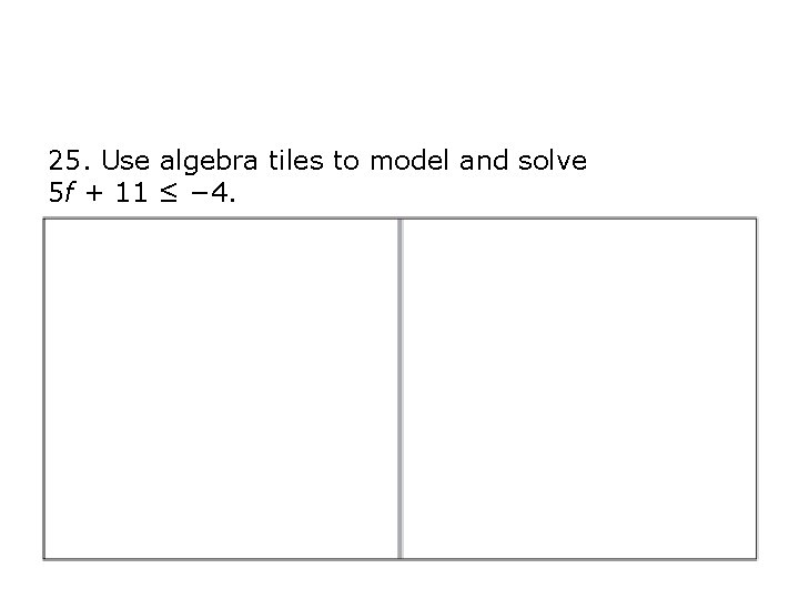 25. Use algebra tiles to model and solve 5 f + 11 ≤ − 25. Use algebra tiles to model and solve 5 f + 11 ≤ −