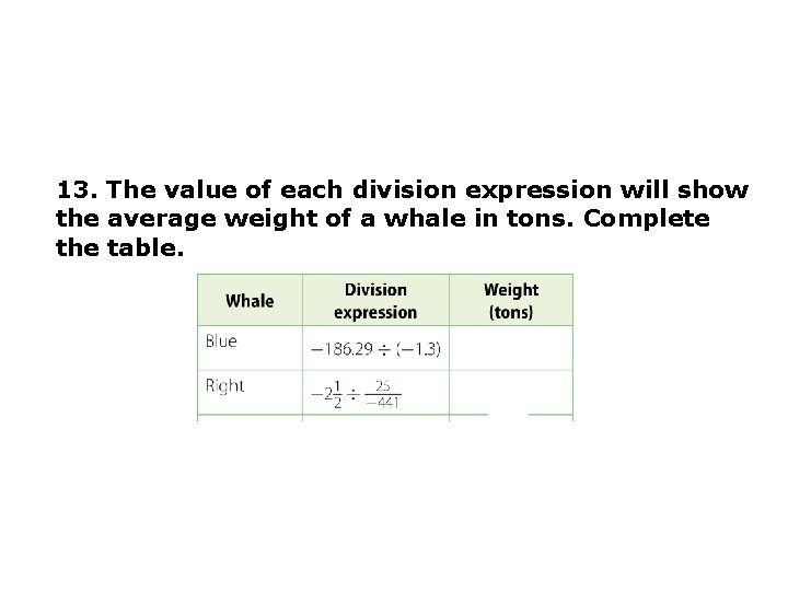 13. The value of each division expression will show the average weight of a 13. The value of each division expression will show the average weight of a