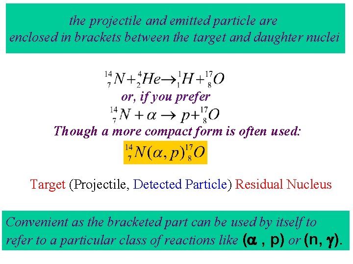 the projectile and emitted particle are enclosed in brackets between the target and daughter