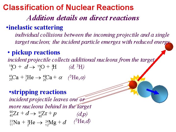 Classification of Nuclear Reactions Addition details on direct reactions • inelastic scattering individual collisions