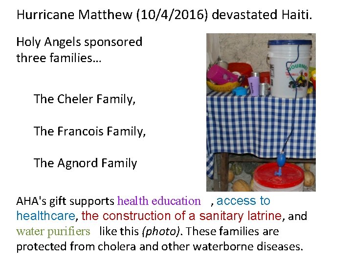 Hurricane Matthew (10/4/2016) devastated Haiti. Holy Angels sponsored three families… The Cheler Family, The