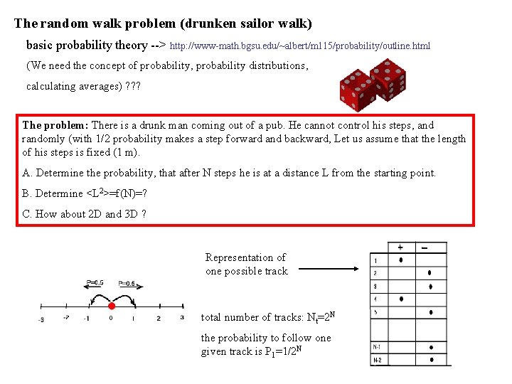 The random walk problem (drunken sailor walk) basic probability theory --> http: //www-math. bgsu.
