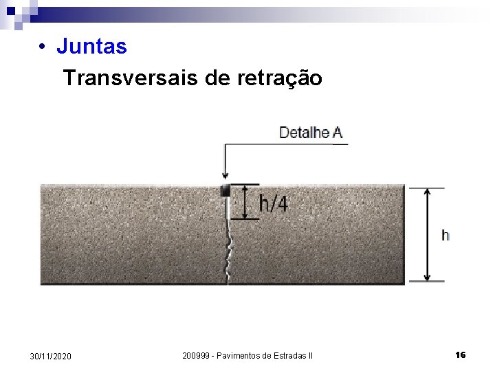  • Juntas Transversais de retração 30/11/2020 200999 - Pavimentos de Estradas II 16