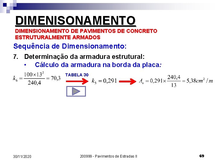 DIMENISONAMENTO DIMENSIONAMENTO DE PAVIMENTOS DE CONCRETO ESTRUTURALMENTE ARMADOS Sequência de Dimensionamento: 7. Determinação da