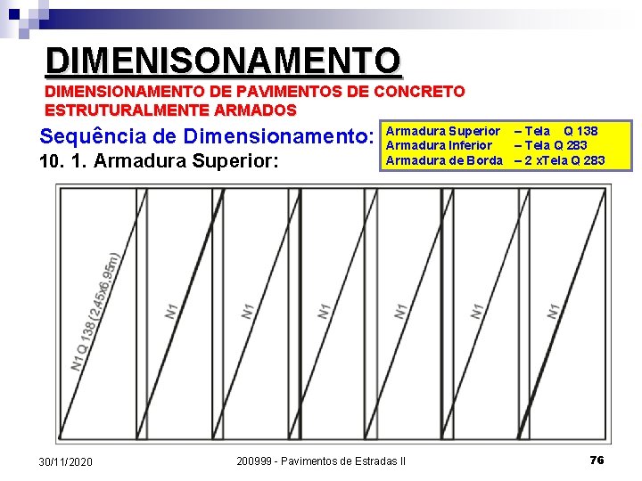 DIMENISONAMENTO DIMENSIONAMENTO DE PAVIMENTOS DE CONCRETO ESTRUTURALMENTE ARMADOS Sequência de Dimensionamento: 10. 1. Armadura