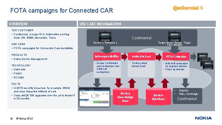 FOTA campaigns for Connected CAR OVERVIEW USE CASE INFORMATION THE CUSTOMER • Continental, a