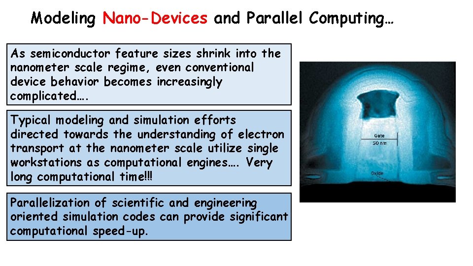 Modeling Nano-Devices and Parallel Computing… As semiconductor feature sizes shrink into the nanometer scale