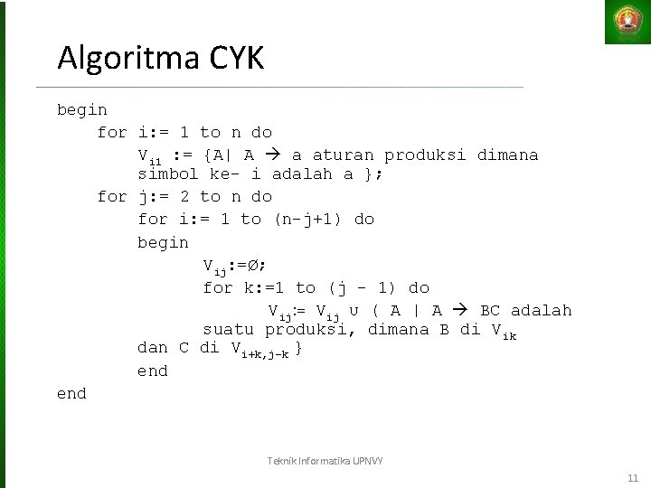 Algoritma CYK begin for i: = 1 to n do Vi 1 : =