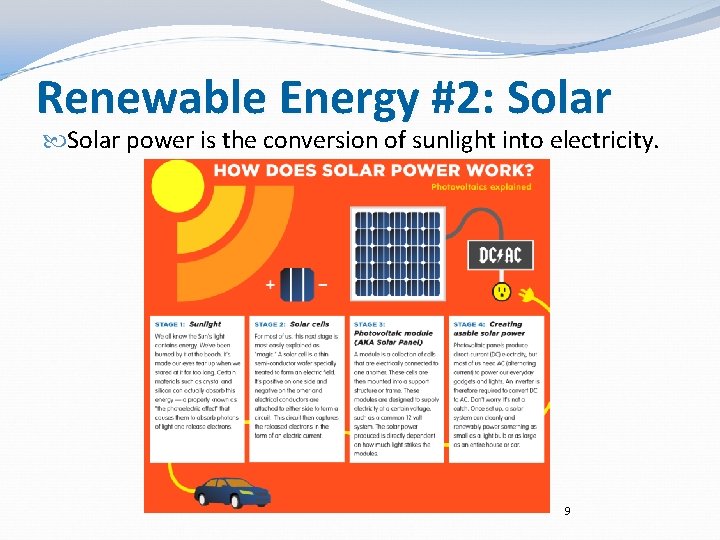 Renewable Energy #2: Solar power is the conversion of sunlight into electricity. 9 Renewable Energy #2: Solar power is the conversion of sunlight into electricity. 9