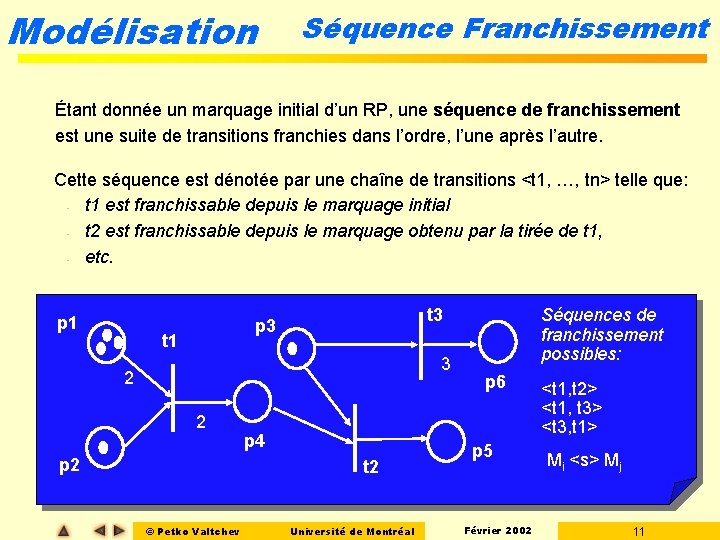 Modélisation Séquence Franchissement Étant donnée un marquage initial d’un RP, une séquence de franchissement Modélisation Séquence Franchissement Étant donnée un marquage initial d’un RP, une séquence de franchissement