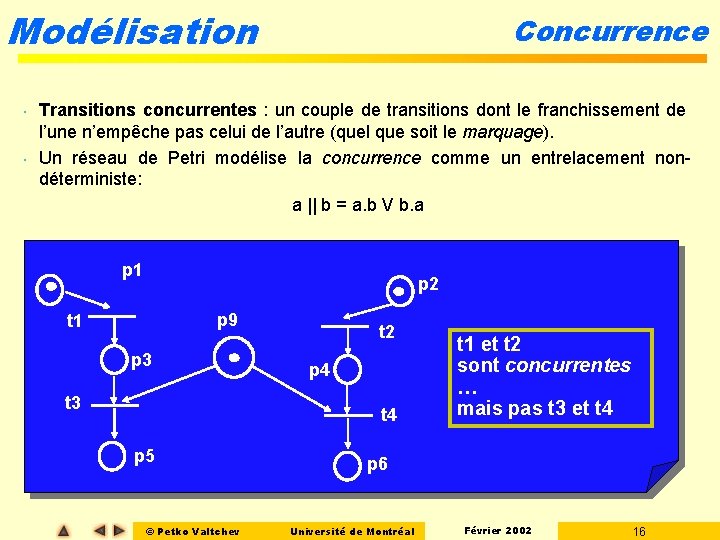 Modélisation • • Concurrence Transitions concurrentes : un couple de transitions dont le franchissement Modélisation • • Concurrence Transitions concurrentes : un couple de transitions dont le franchissement