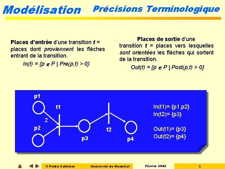 Modélisation Précisions Terminologique - Places d’entrée d’une transition t = places dont proviennent les Modélisation Précisions Terminologique - Places d’entrée d’une transition t = places dont proviennent les